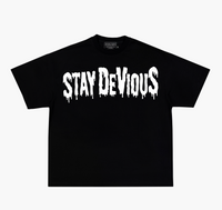 STAY DEVIOUS' TAG PRINT T-SHIRT